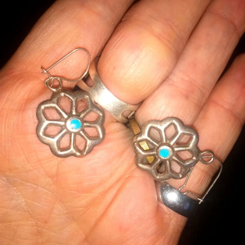 Navajo Turquoise and Silver Sandcast Dangle Flower Shaped Earrings